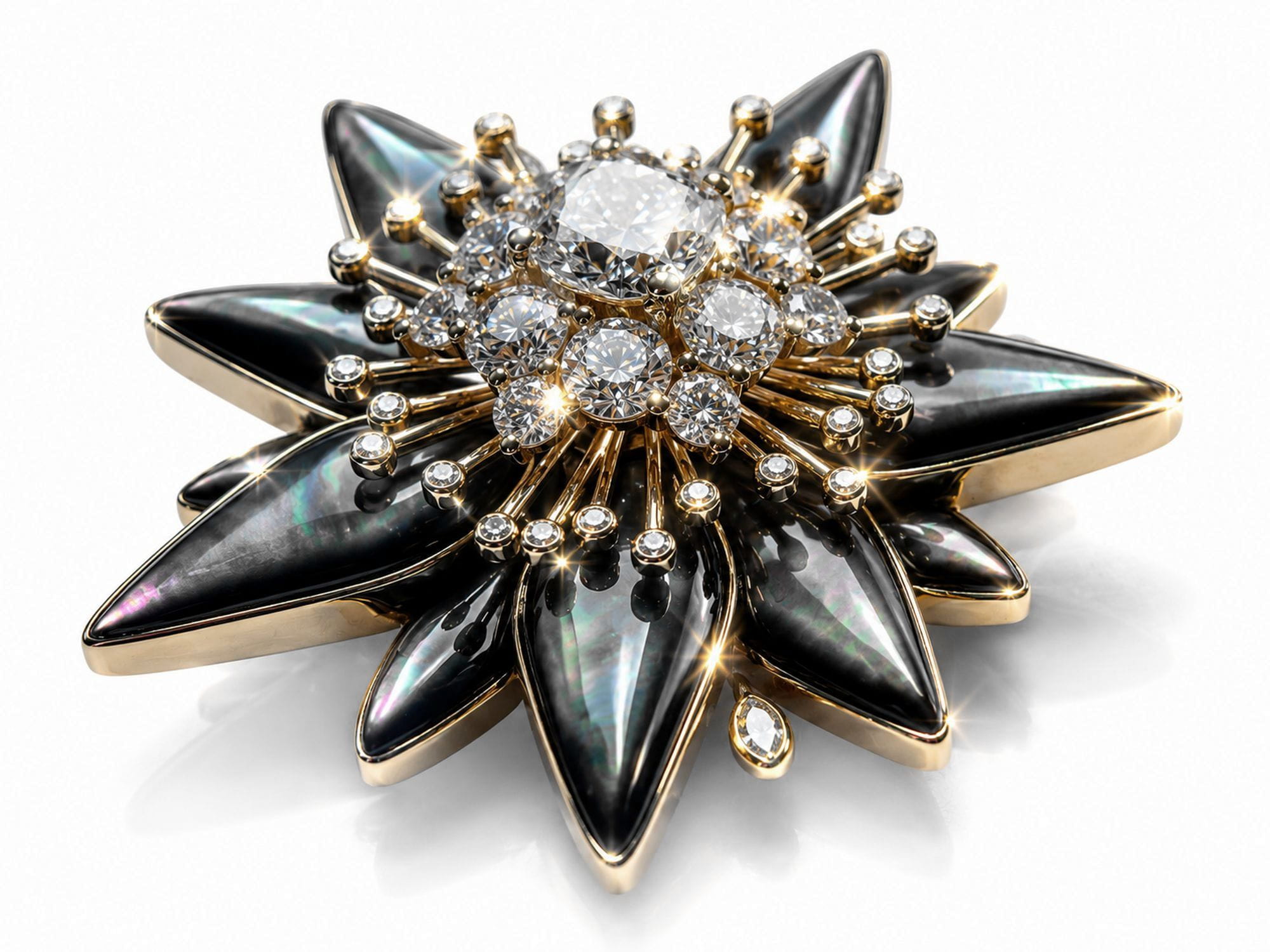 Luxury bespoke brooch Noir Alpine showing diamonds gold setting and dark mother-of-pearl petals