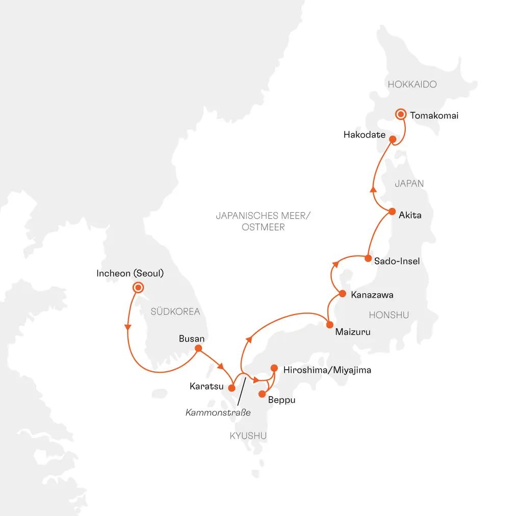 Routenkarte SPI2709 Incheon Seoul bis Tomakomai unbekanntes Japan und Südkorea mit Hapag-Lloyd Cruises