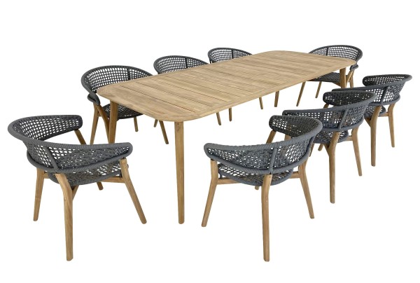 TALENTI MOON TEAK Esstisch mit 8 Stück Armlehn-Stühle in Kordel grau für Garten & Terrasse