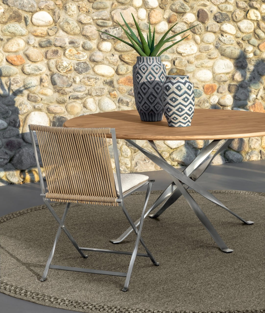 TALENTI GEORGE Tisch in Accoya Edelstahl mit Stühlen in Seil beige für Garten & Terrasse