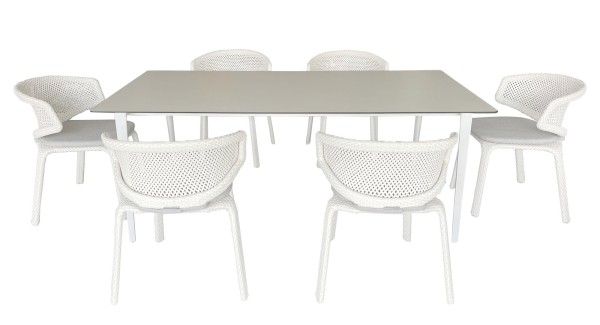 DEDON WA Esstisch mit 6 Stück SEASHELL ARMCHAIR Stühle in chalk mit passenden Sitzkissen warmgrey