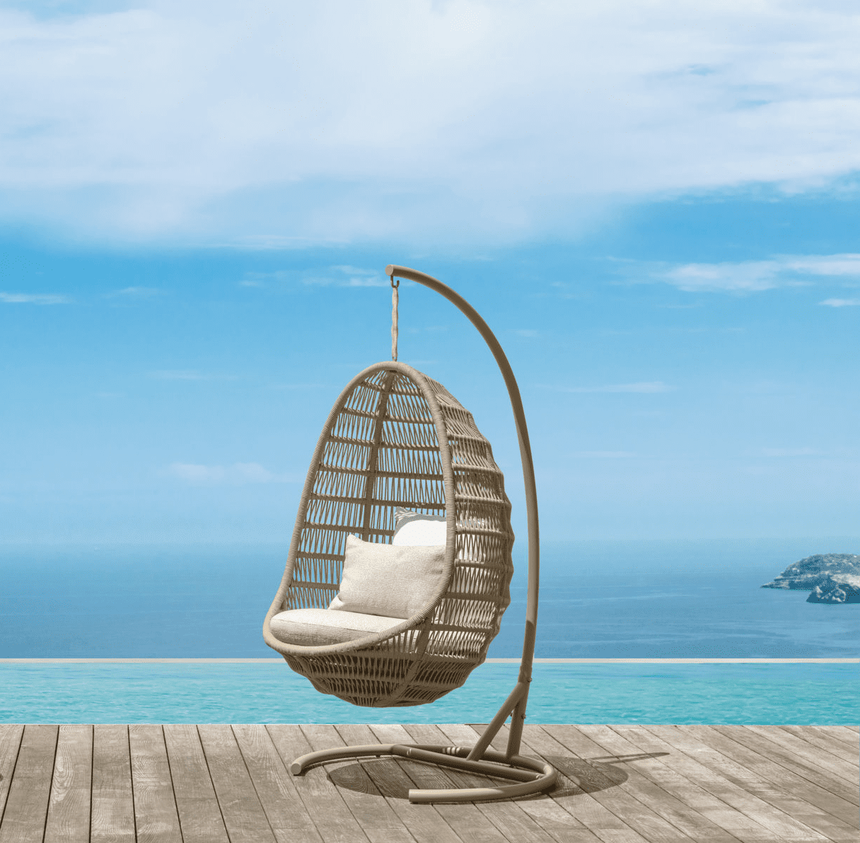 TALENTI PANAMA EGG CHAIR Outdoor Hänge-Sessel in beige Kordelseil geflochten mit Sitzkissen