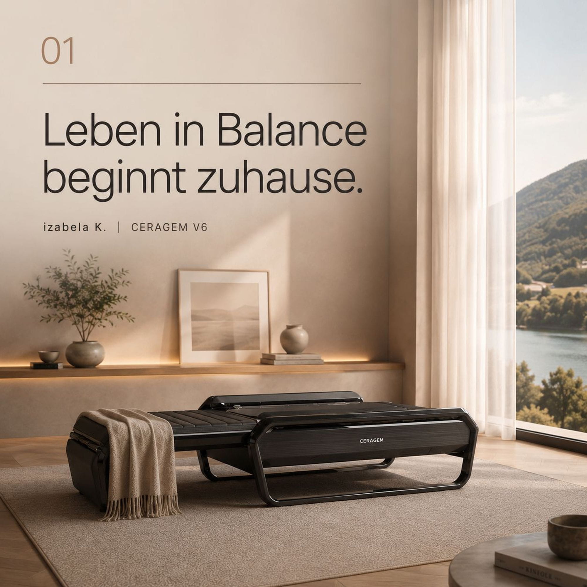 Wohnraum mit CERAGEM V6 bei izabela K. Liechtenstein als Ort für Regeneration, Wärme und Leben in Balance zuhause