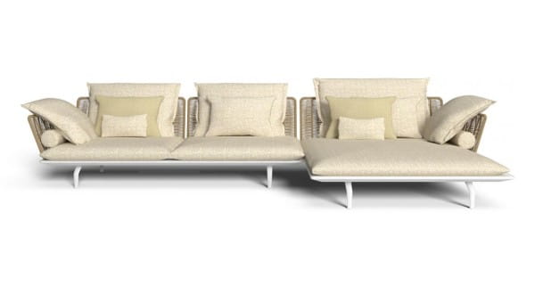 TALENTI CRUISE ALU Outdoor Sofa mit Recamiere in Aluminium weiss mit Polstern & Kordelseil sand