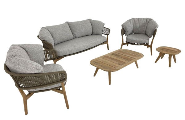 TALENTI MOON TEAK Sofa, Sessel, Couch- und Beistelltisch Set in beige mit Polstern in beigegrau