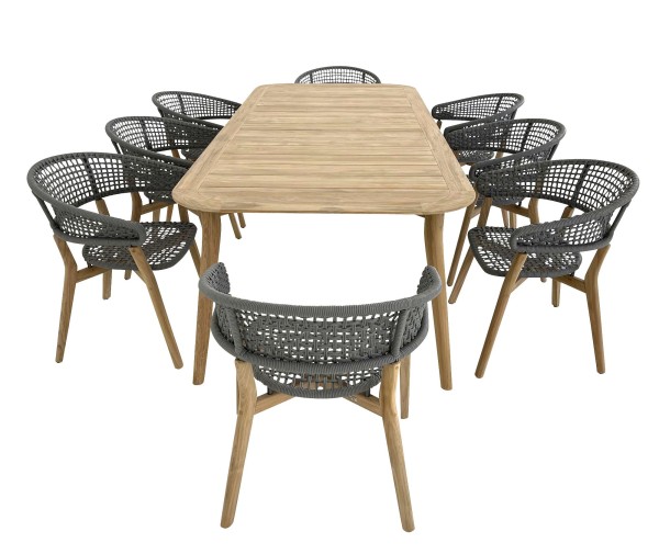 TALENTI MOON TEAK Esstisch mit 8 Stück Armlehn-Stühle in Kordel grau für Garten & Terrasse