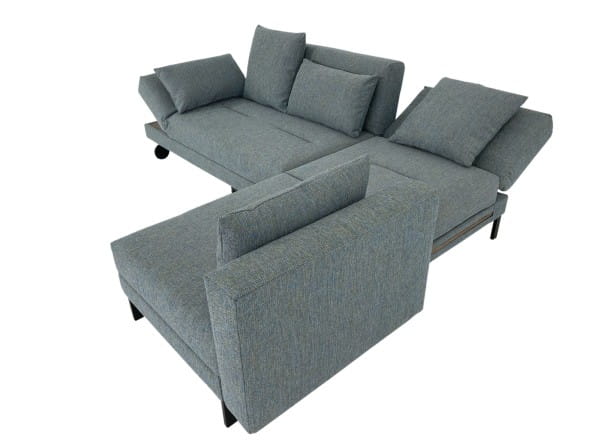 Brühl FOUR-TWO soft Sofa mit Recamiere rechts und zwei Tischmodule im blaugrauen Stoff