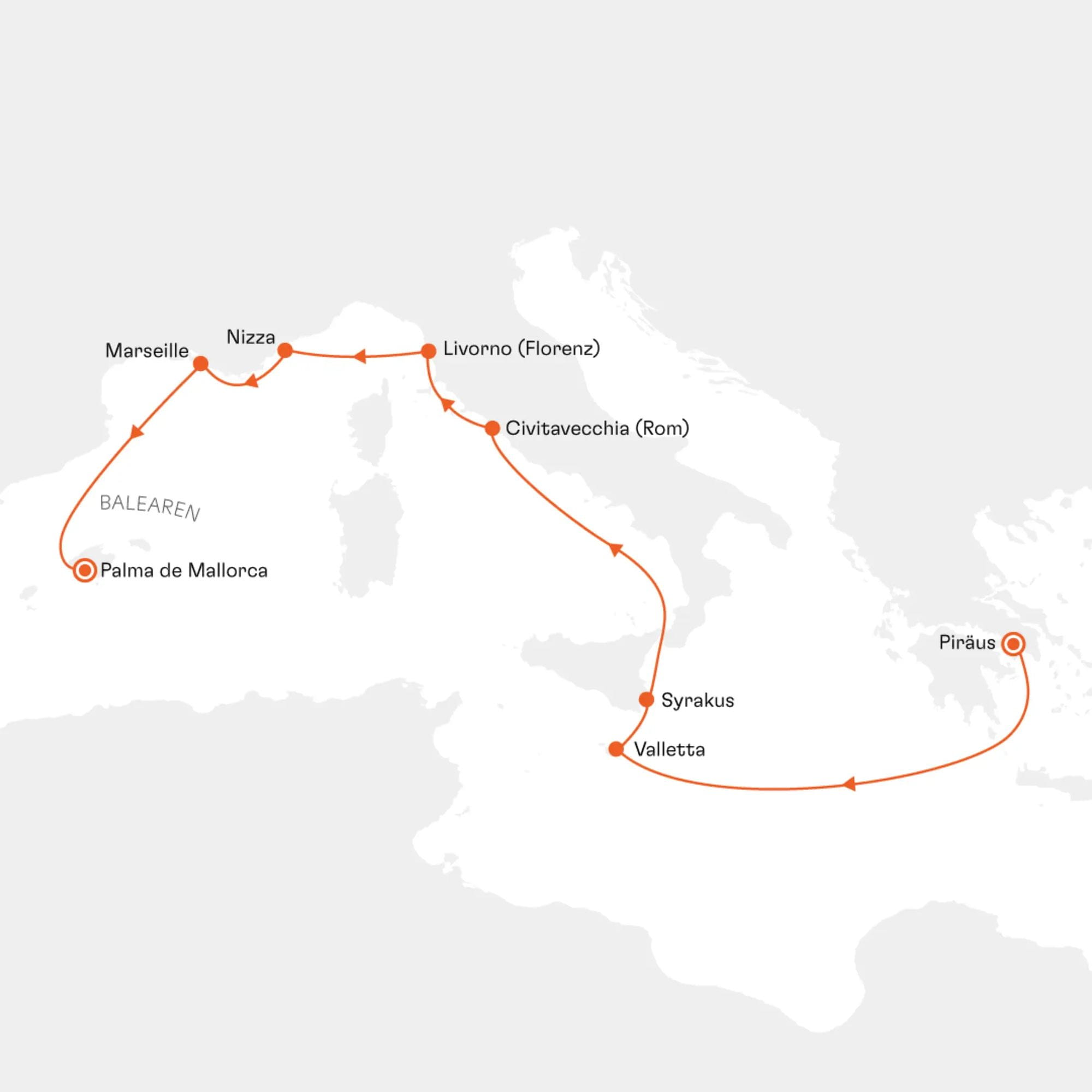 Route map EUR2624 Piraeus Palma de Mallorca Hapag-Lloyd Cruises