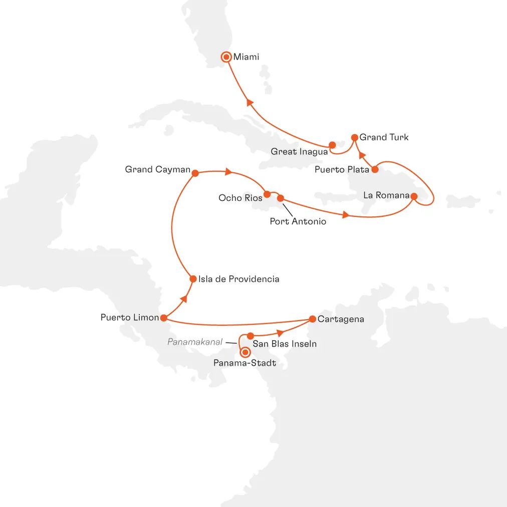 Routenkarte EUX2802 Panama-Stadt bis Miami mit Hapag-Lloyd Cruises MS EUROPA 2