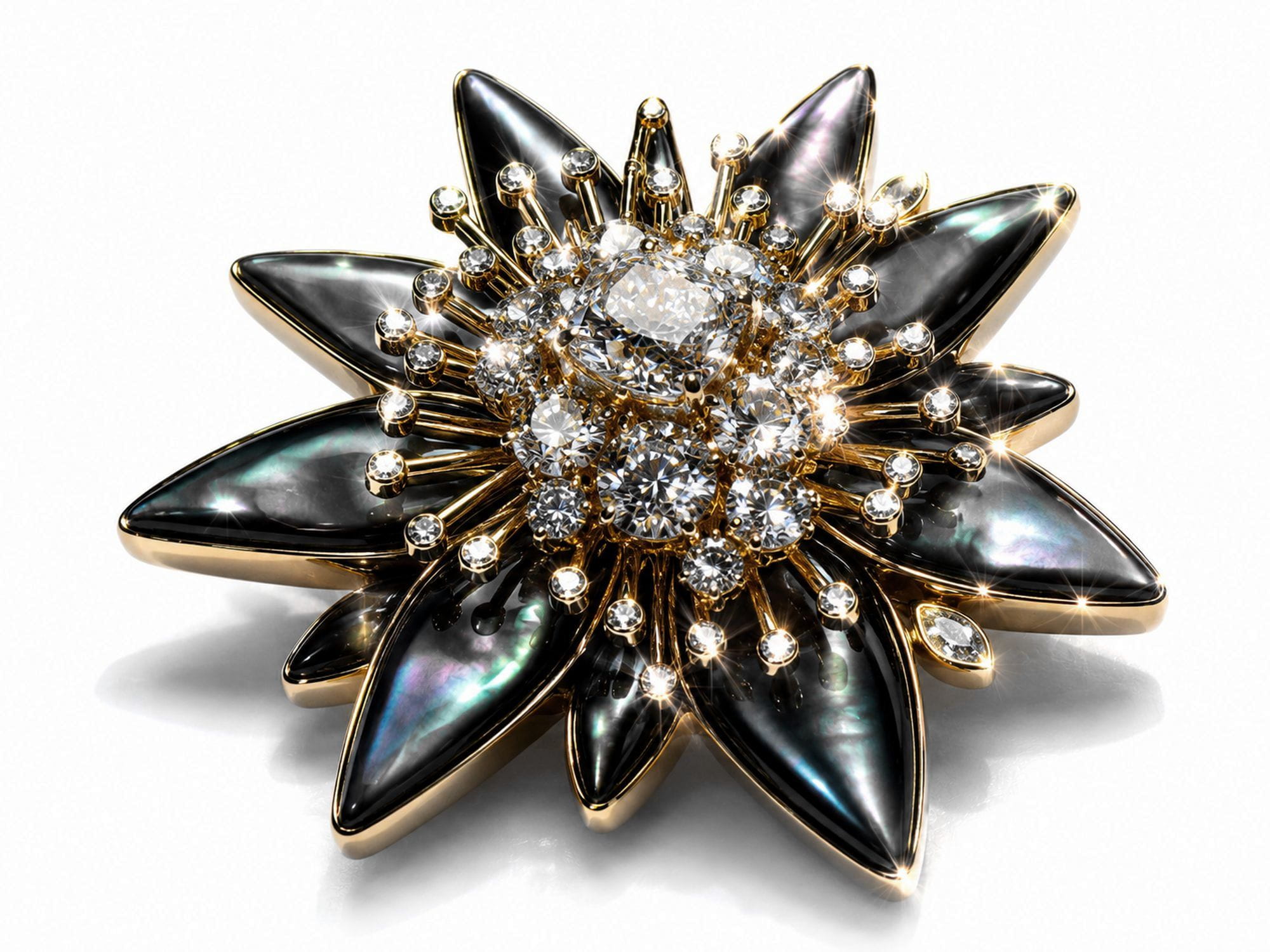 Close-up detail of Noir Alpine high jewellery brooch with black mother-of-pearl and diamond centre