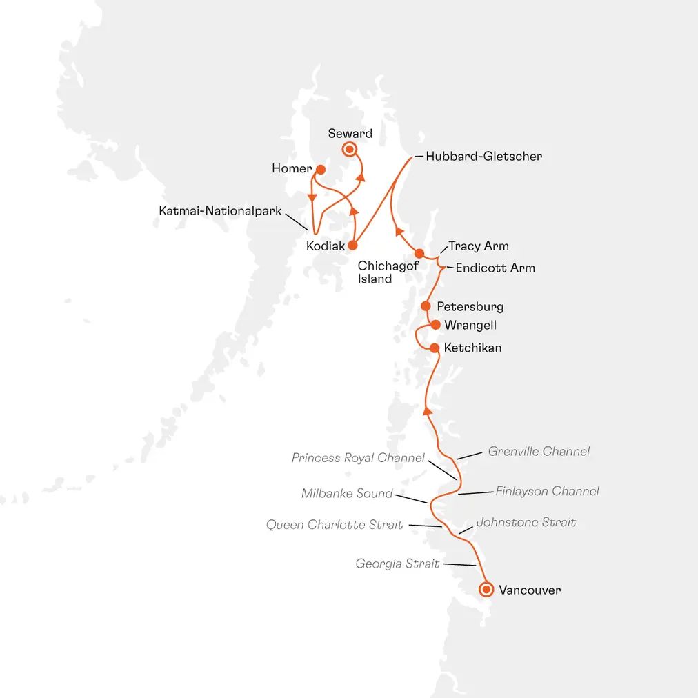 Routenkarte SPI2811 Vancouver bis Seward Alaska Inside Passage mit Hapag-Lloyd Cruises HANSEATIC spirit