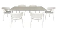 DEDON WA Esstisch mit 6 Stück SEASHELL ARMCHAIR Stühle in chalk mit passenden Sitzkissen warmgrey