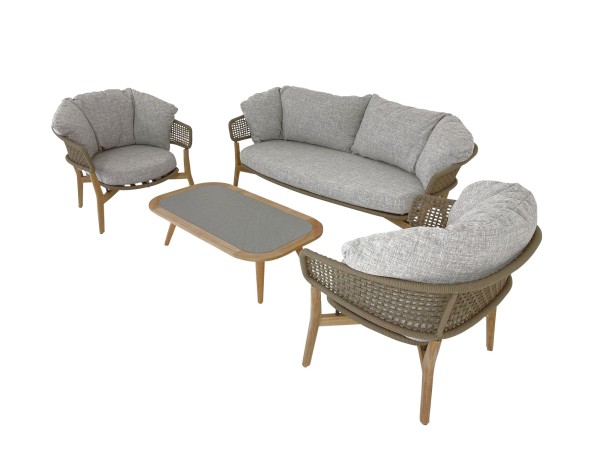 TALENTI MOON TEAK Sofa, zwei Sessel und Couchtisch in beige mit Polstern in beigegrau für Garten