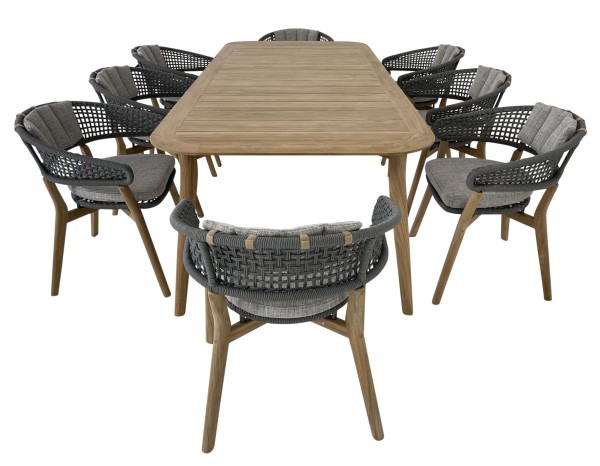 TALENTI MOON TEAK Esstisch mit 8 Stück Stühlen und Polstern grau für Garten & Terrasse