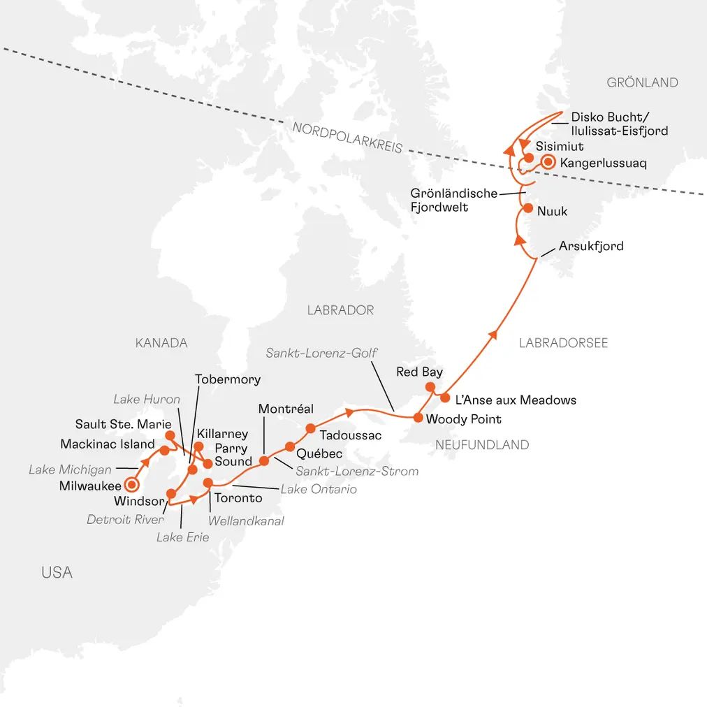Routenkarte INS2811 Milwaukee bis Kangerlussuaq Great Lakes Sankt-Lorenz-Strom und Grönland mit Hapag-Lloyd Cruises