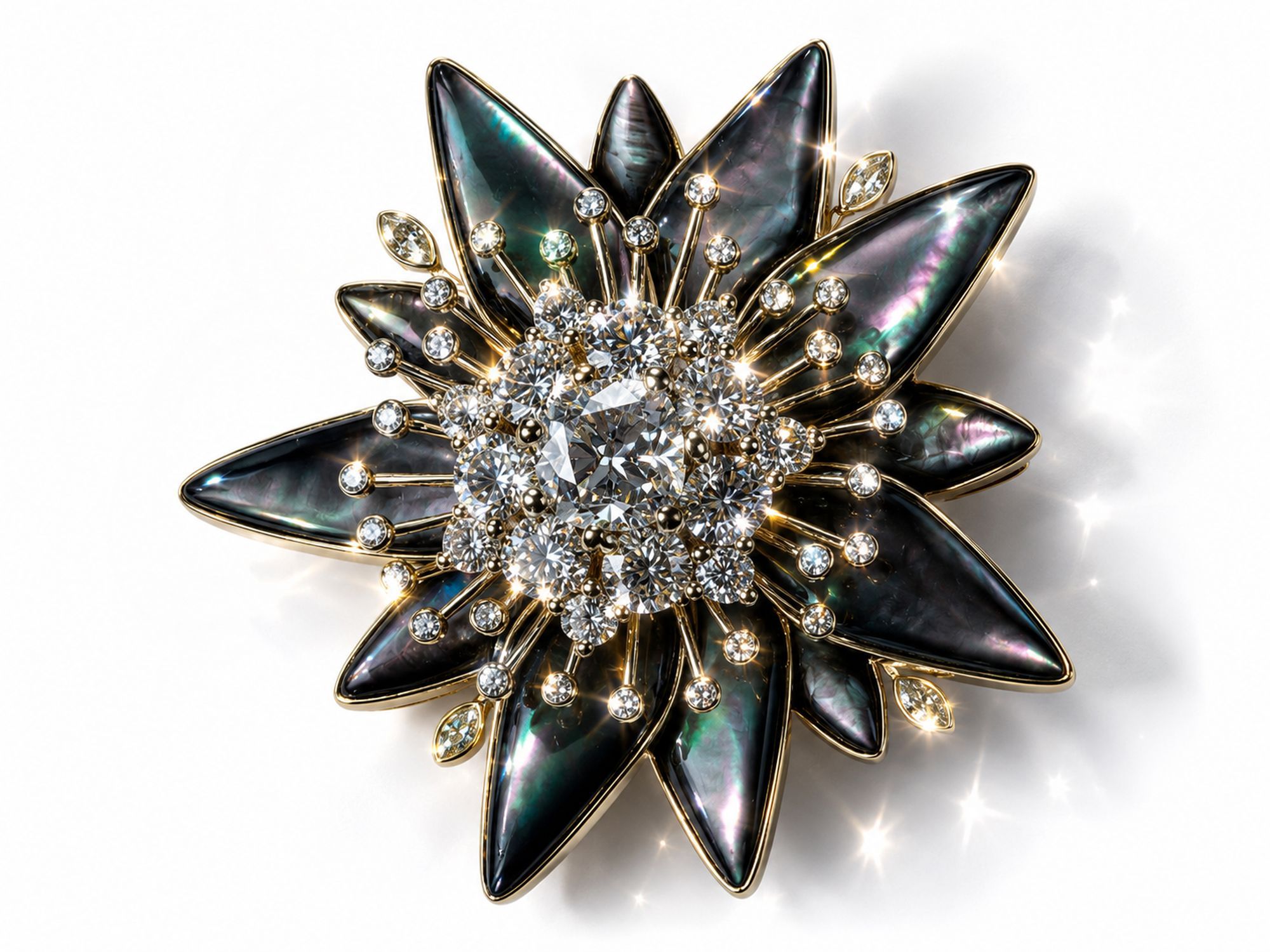 Noir Alpine bespoke brooch in gold black mother-of-pearl and diamonds by izabela K. Liechtenstein