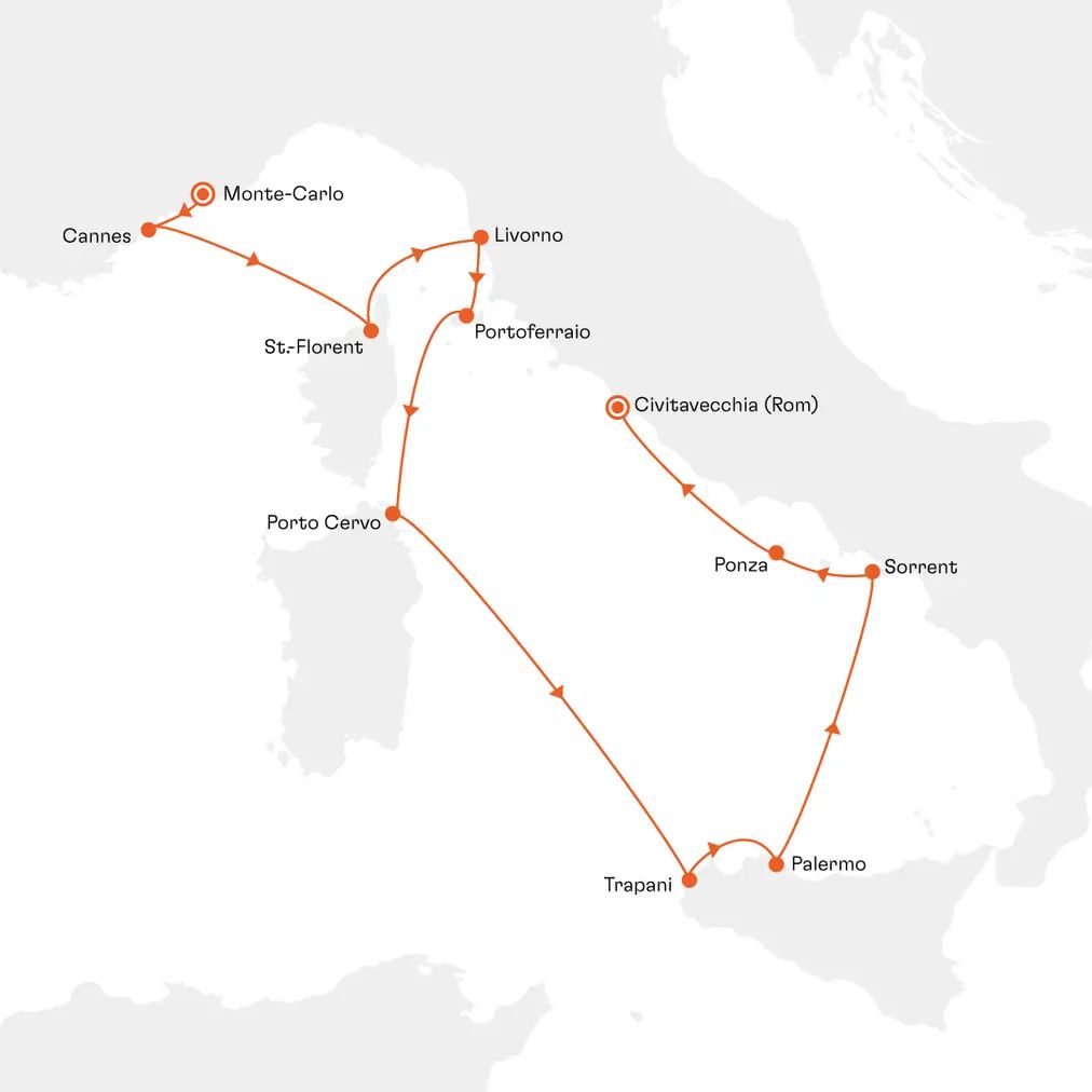Routenkarte EUX2618 Monte-Carlo bis Civitavecchia Rom mit Hapag-Lloyd Cruises MS EUROPA 2