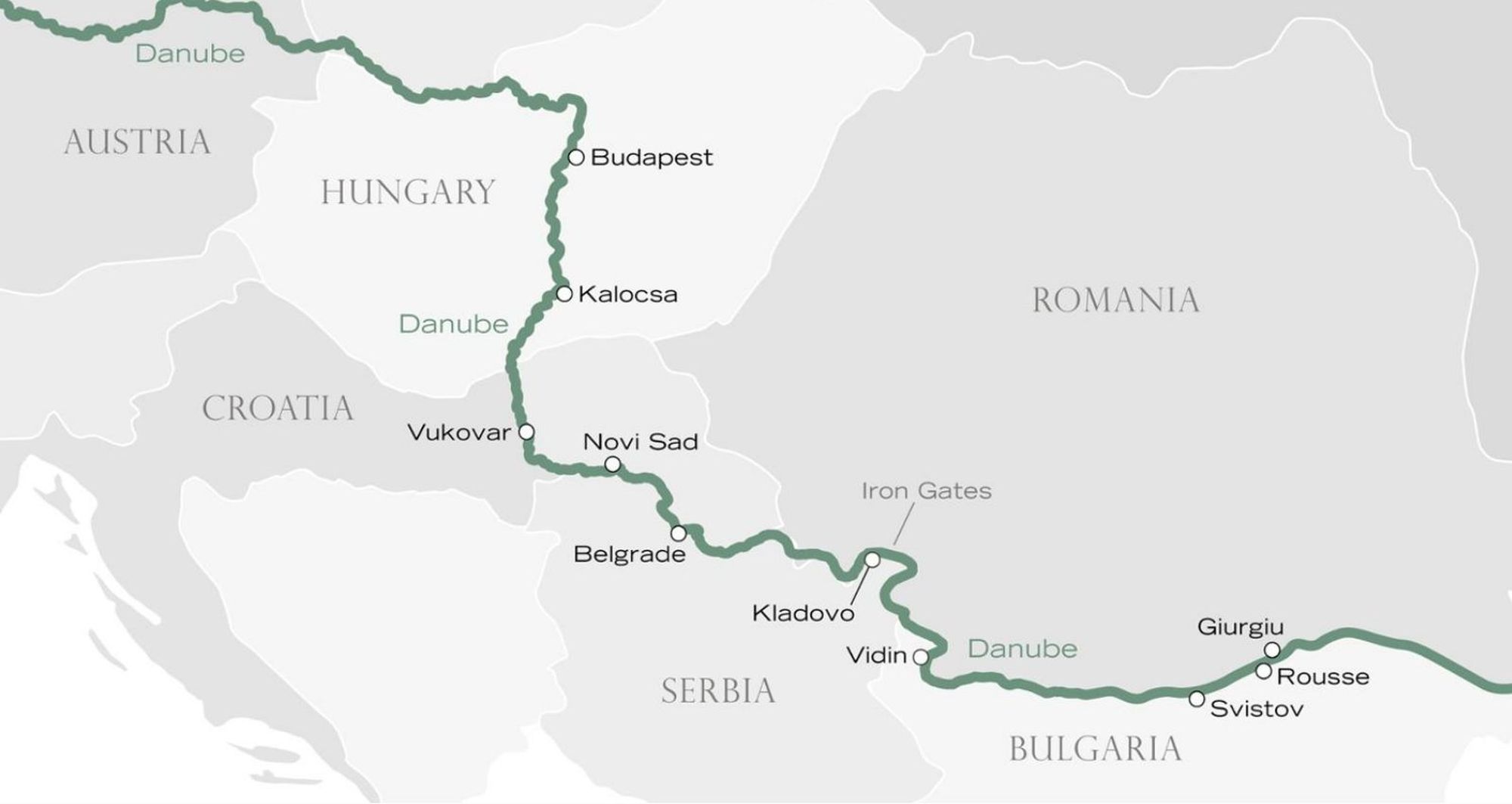 Routenkarte der Riverside Donaukreuzfahrt von Giurgiu nach Budapest über das Eiserne Tor