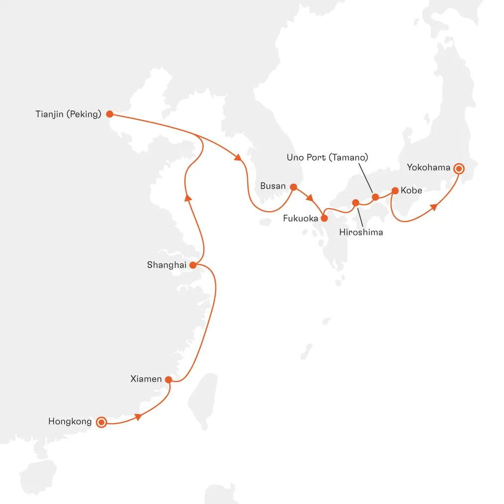 Routenkarte EUR2805 Hongkong bis Yokohama mit Hapag-Lloyd Cruises MS EUROPA
