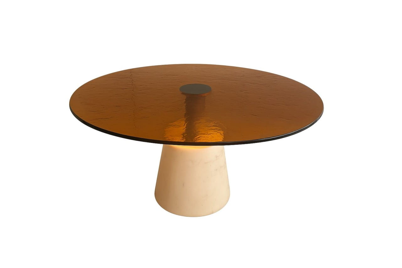 ACERBIS MENHIR Couchtisch mit runder Gussglas Platte in gelb und Marmor Sockel Carrrara weiss