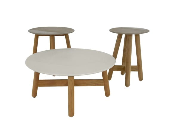DEDON MBRACE COFFEE TABLE und SIDE TABLE SET in taupe und chalk