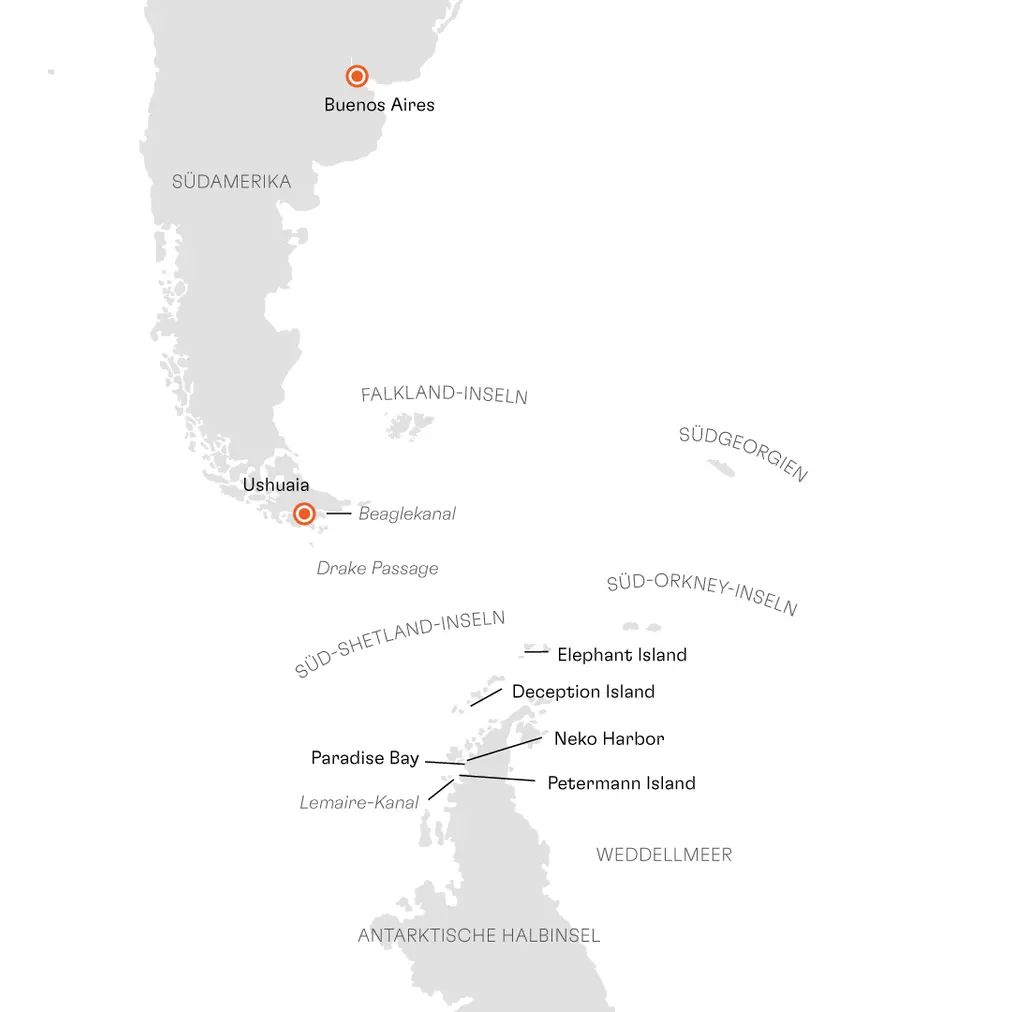 Routenkarte INS2721 Buenos Aires bis Ushuaia Expedition Antarktis Höhepunkte intensiv mit Hapag-Lloyd Cruises