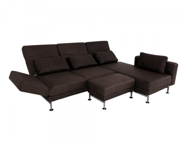 Brühl MOULE medium Sofa mit Recamiere rechts und Hocker in Naturleder OLIVA dunkelbraun mit Chromkuf