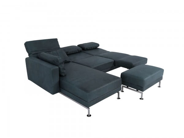 Brühl MOULE medium Sofa mit Recamiere links und Hocker in Naturleder OLIVA grau mit Chromkufen-