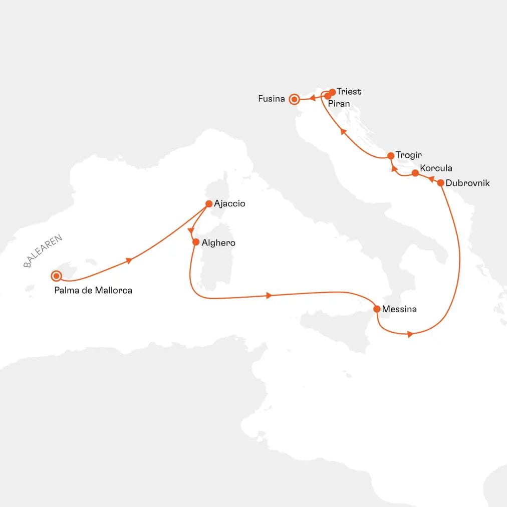 Routenkarte EUR2621 Palma de Mallorca bis Fusina Venedig mit Hapag-Lloyd Cruises MS EUROPA