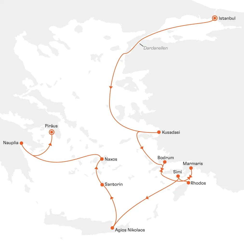 Routenkarte EUX2622 Istanbul bis Piräus Athen mit Hapag-Lloyd Cruises MS EUROPA 2