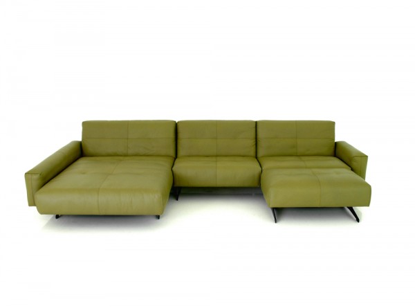 Rolf Benz RB 50 Sofa mit XL Longchair und Hocker in Leder schilfgrün mit Kufen in schwarz