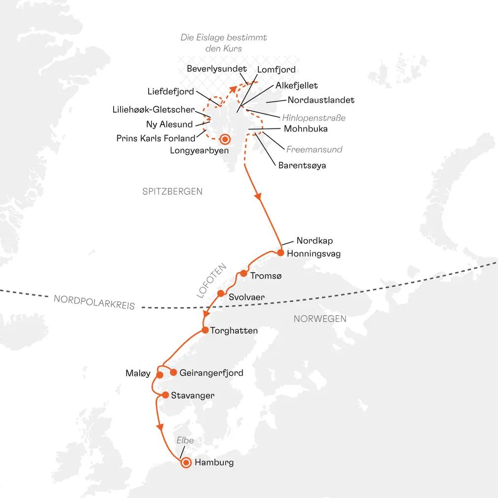 Routenkarte NAT2619 Spitzbergen und Norwegen Longyearbyen bis Hamburg mit Hapag-Lloyd Cruises