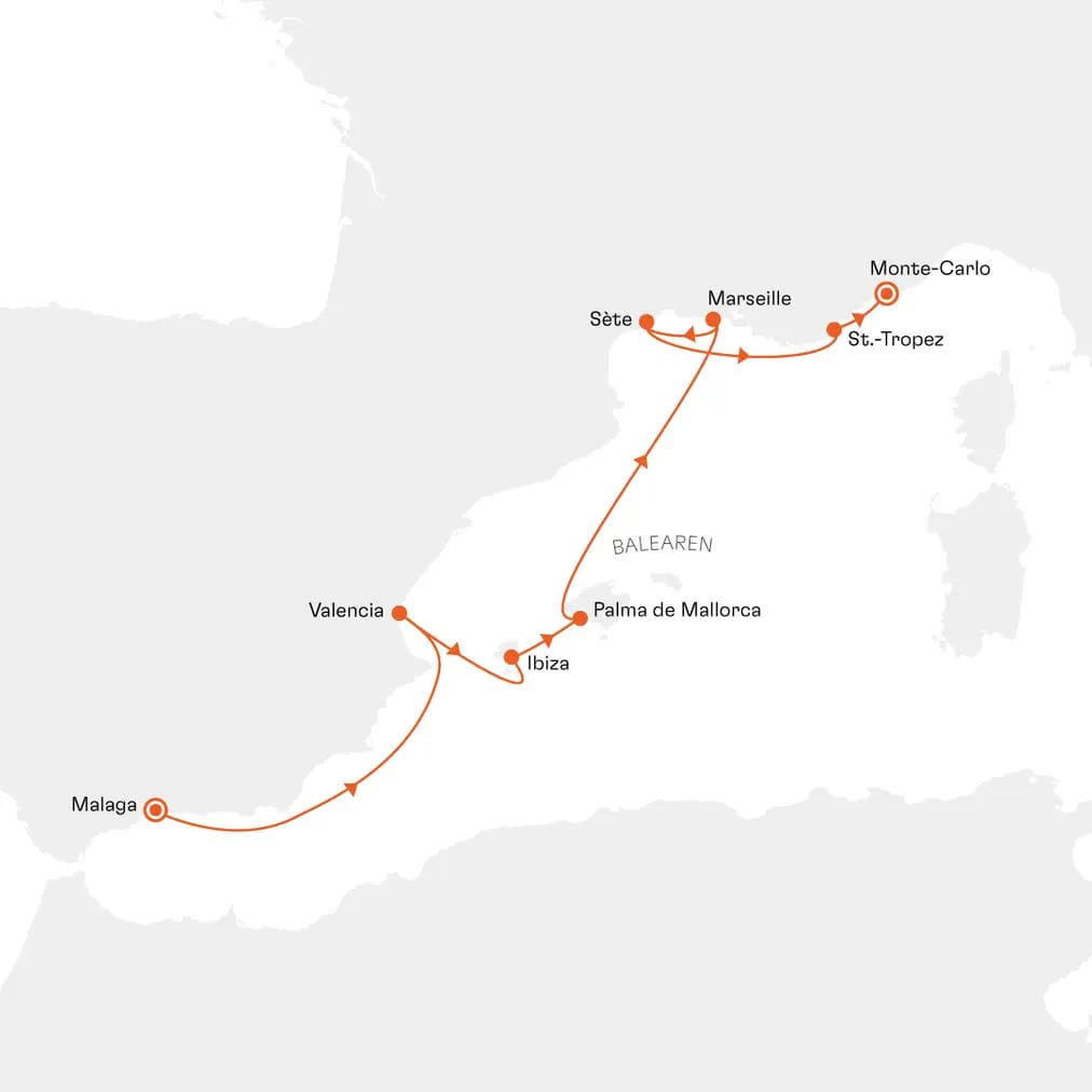 Routenkarte EUX2617 Malaga bis Monte-Carlo mit Hapag-Lloyd Cruises MS EUROPA 2