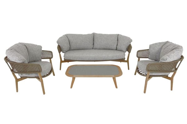 TALENTI MOON TEAK Sofa, zwei Sessel und Couchtisch in beige mit Polstern in beigegrau für Garten