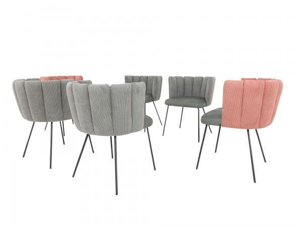 KFF GAIA Stühle in stylischem Kordstoff- Leder Mix grau und rosé im 6er Set mit mit Vier-Fuß Gestell
