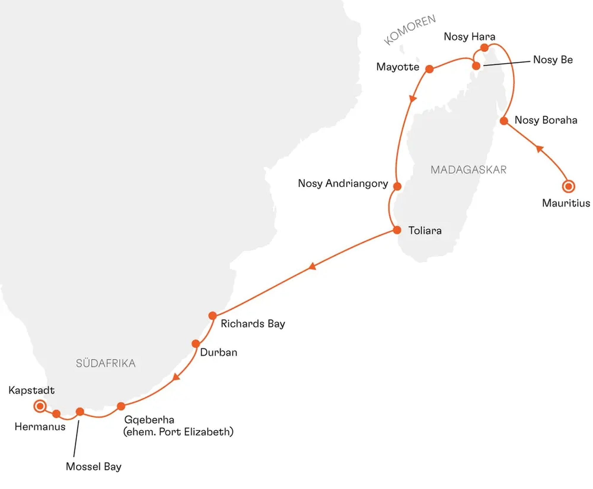 Route map SPI2624 Mauritius Madagascar Mayotte South Africa Cape Town Hapag-Lloyd Cruises