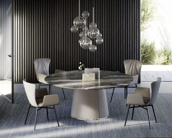 DRAENERT TADAO III runder Naturstein Tisch mit Drehplatte und Metallsockel in Kegelform
