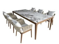 TALENTI CRUISE TEAK Outdoor Essplatz in Teak smokegrau & 6 Stühle in Seil beige mit Keramik Platte