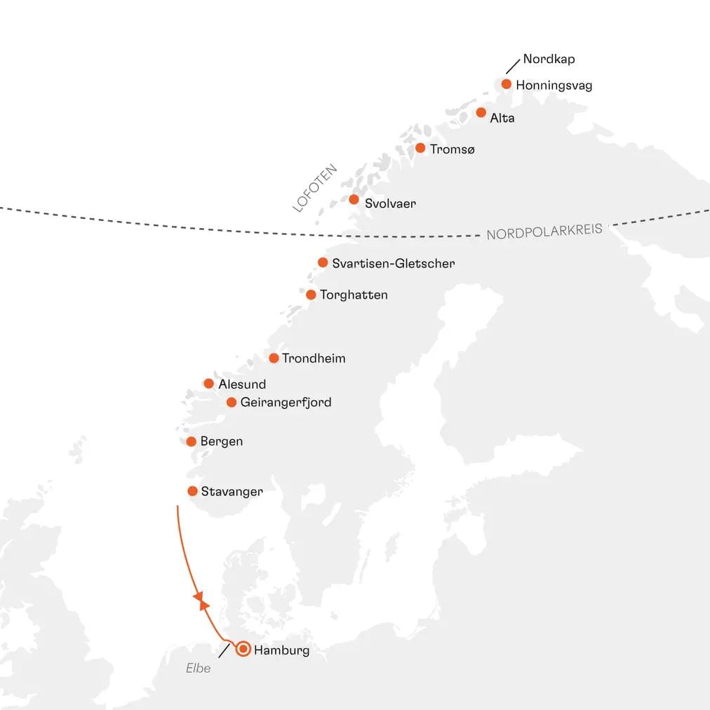 Routenkarte NAT2622 Polarlicht-Abenteuer Norwegen Hamburg bis Hamburg mit Hapag-Lloyd Cruises