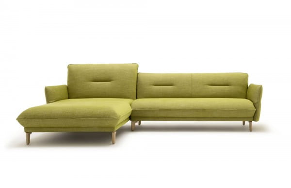 Hülsta Sofa hs.430 mit Recamiere links in Stoff farngrün mit Holzfüssen und abklappbaren Seitenteile