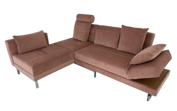 Brühl FOUR-TWO SOFT Sofa mit Recamiere links in Stoff kupfer mit integrierten Tischablagen in Eiche
