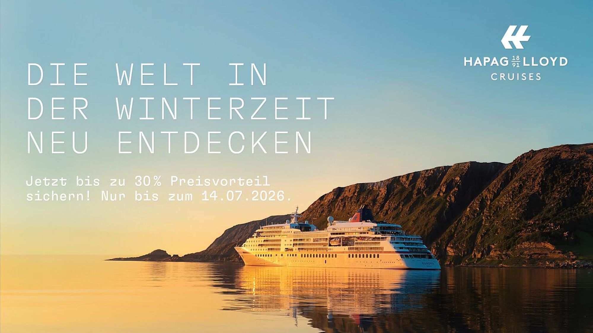 Hapag-Lloyd Cruises Summer Promotion 2026 - bis zu 30 Prozent Preisvorteil