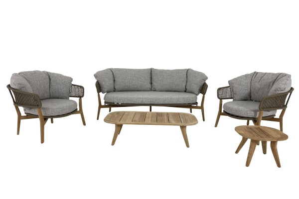 TALENTI MOON TEAK Sofa, Sessel, Couch- und Beistelltisch Set in beige mit Polstern in beigegrau