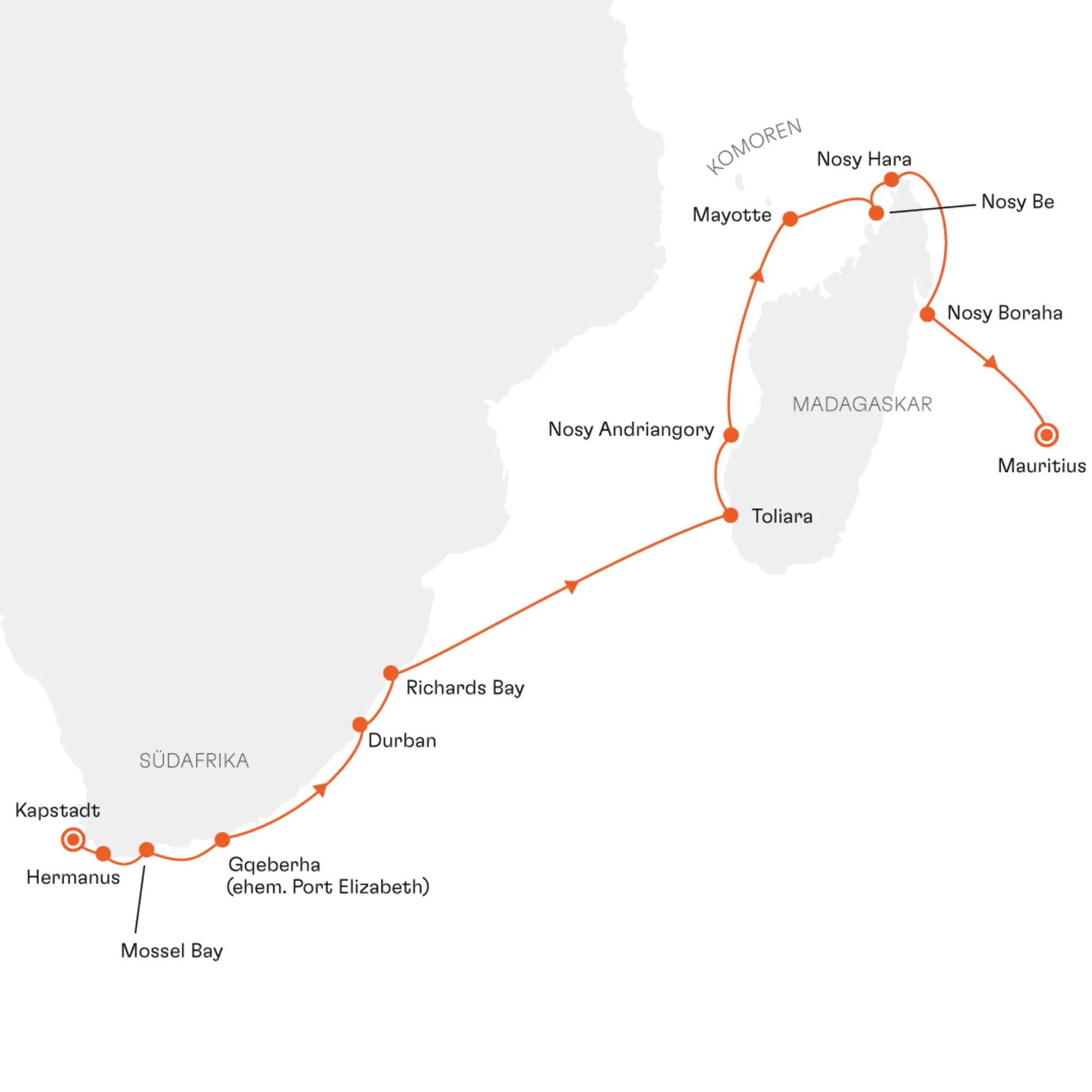 Routenkarte SPI2623 Kapstadt Mauritius Hapag-Lloyd Cruises