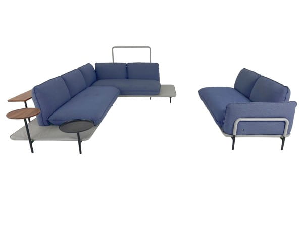 Rolf Benz ADDIT Lounge Sofa Garnitur im Webstoff blau mit Rahmen in Leder grau und Holz Nussbaum