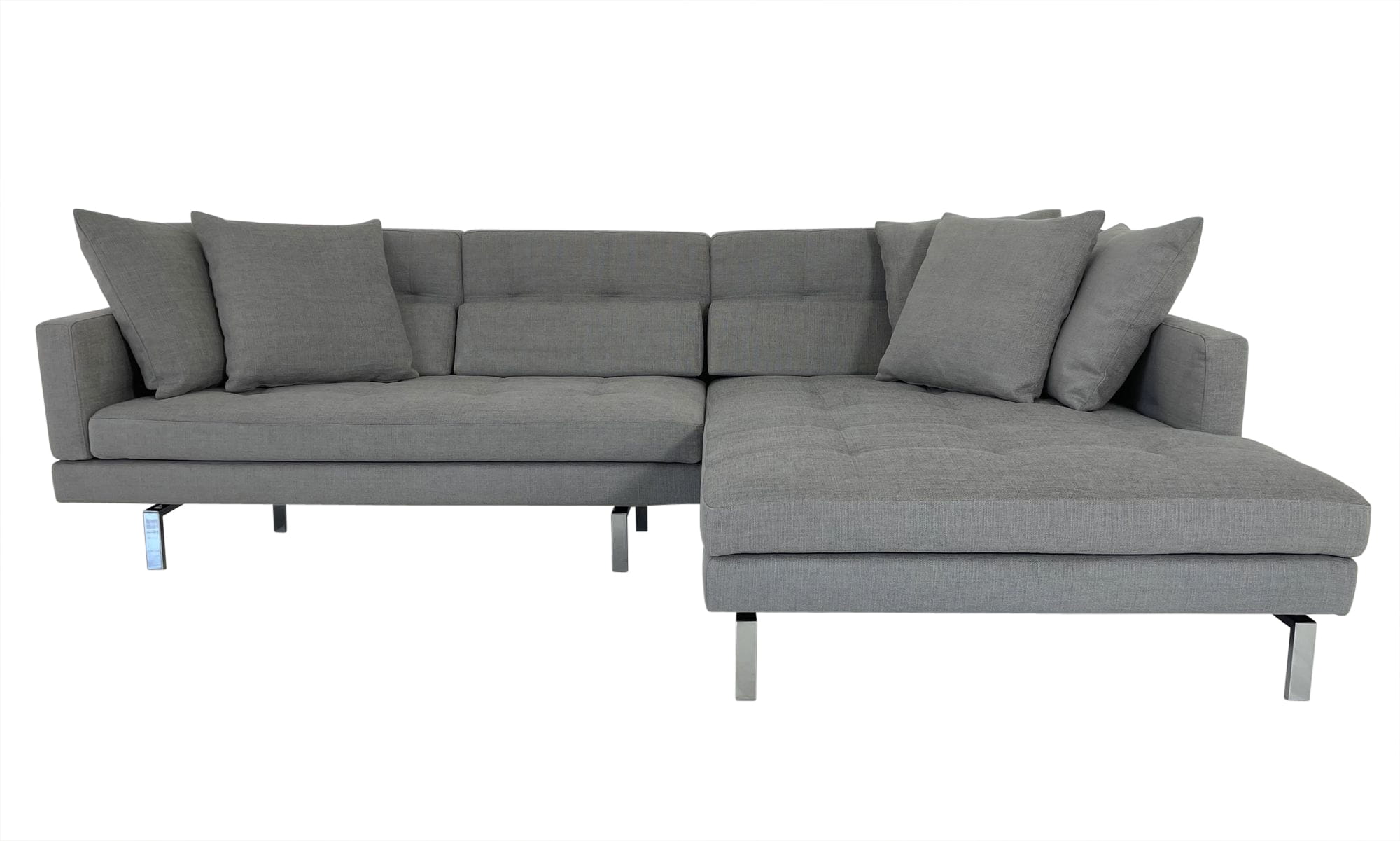 AMBER Sofa Recamiere glänzend und mit mit Metallfüssen breiter Stoff in Brühl Kissen grau
