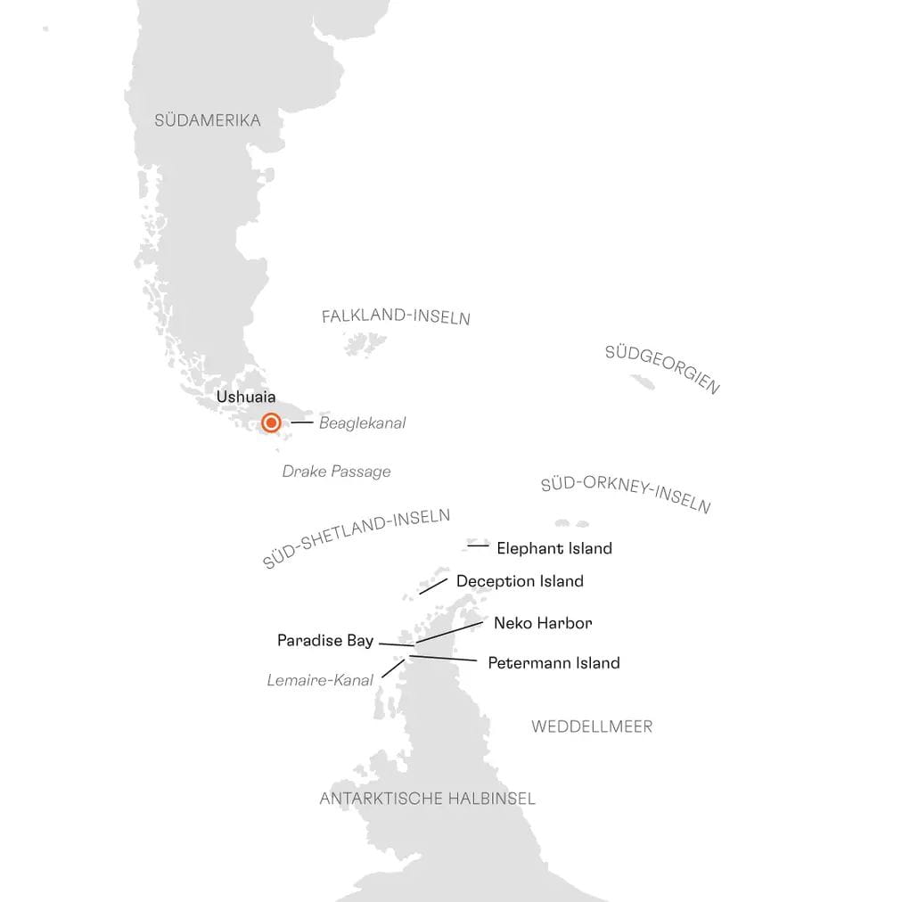 Routenkarte SPI2800 Ushuaia bis Ushuaia Expedition Antarktis Weddellmeer intensiv mit Hapag-Lloyd Cruises