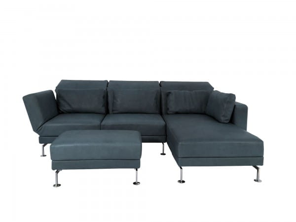 Brühl MOULE medium Sofa mit Recamiere rechts und Hocker in Naturleder OLIVA grau mit Chromkufen-