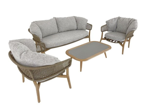 TALENTI MOON TEAK Sofa, zwei Sessel und Couchtisch in beige mit Polstern in beigegrau für Garten
