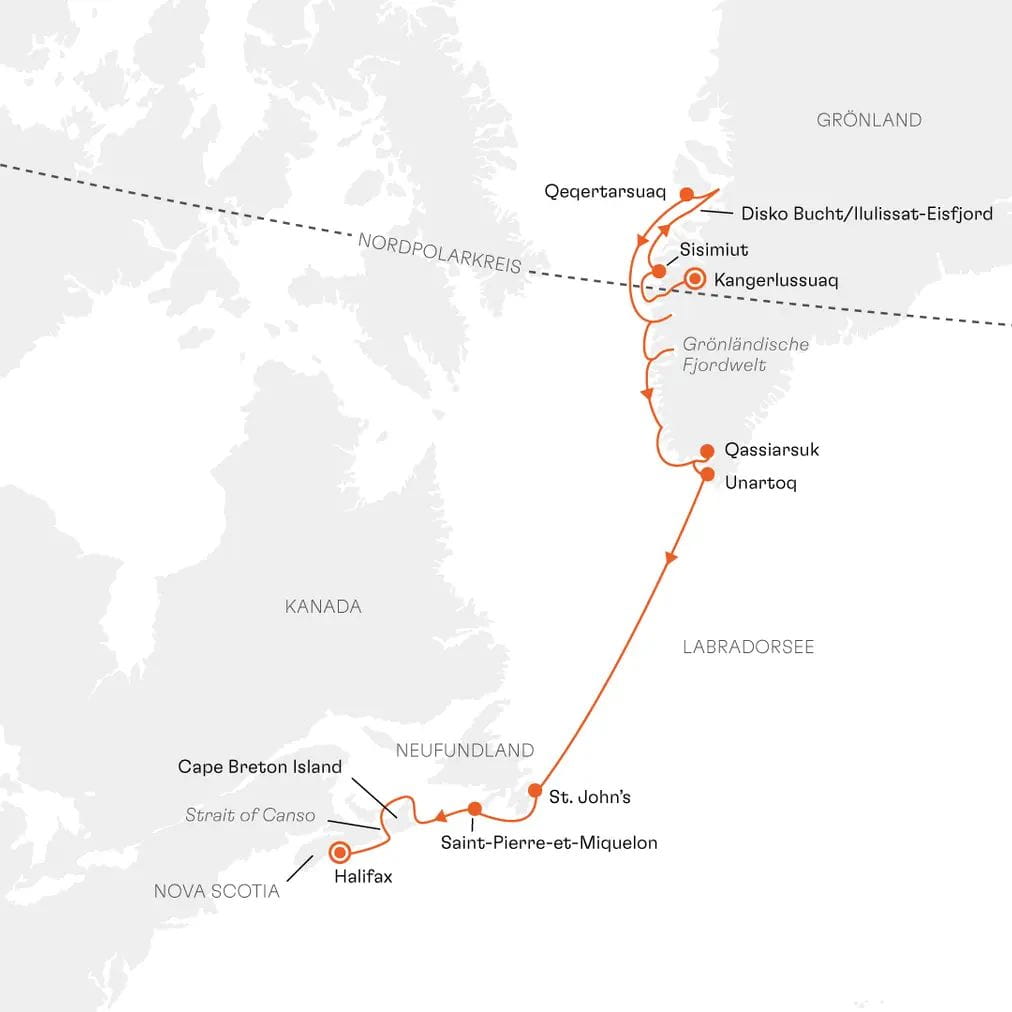 Routenkarte INS2613 Grönland Neufundland und Nova Scotia Kangerlussuaq bis Halifax mit Hapag-Lloyd Cruises